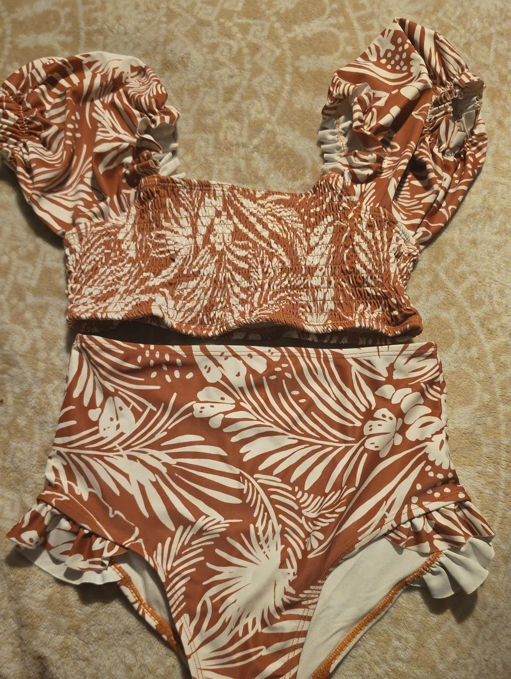 Cotton On Kids Two-Piece Rust and White Palm Print Swimsuit